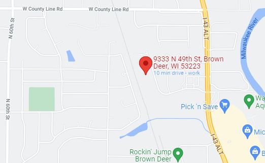 9333 N. 49th St. Brown Deer, WI 53223 indiqué sur une carte.