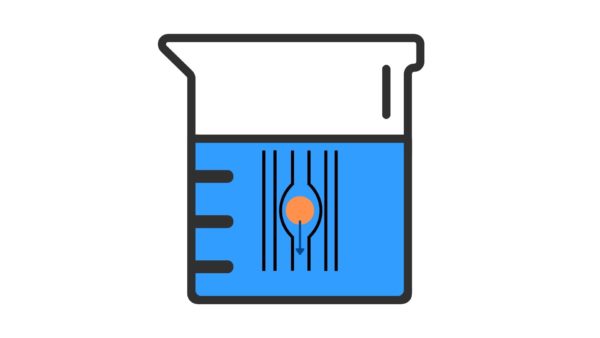 A digital drawing of a particle falling through water in a liquid with lines representing drag.