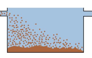 A digital drawing of particles falling out of liquid suspension and settling at the bottom of a tank.